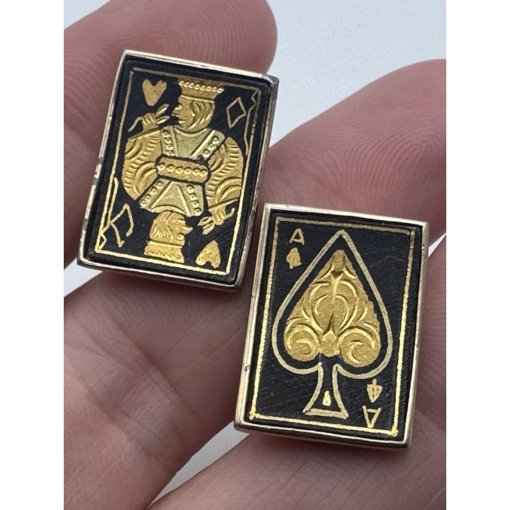 Vintage Damascene Cufflinks King Ace Spades Playing Card Poker 1960s Swank